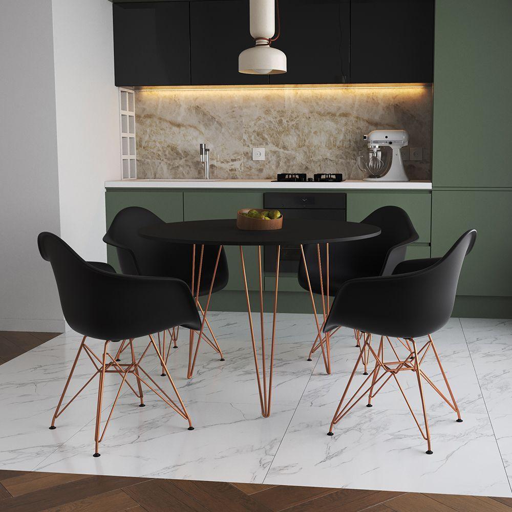 Mesa Jantar Redonda 90Cm Preta Clips 3 Pés Com 4 Poltronas Pretas Base Cobre Preto - 1