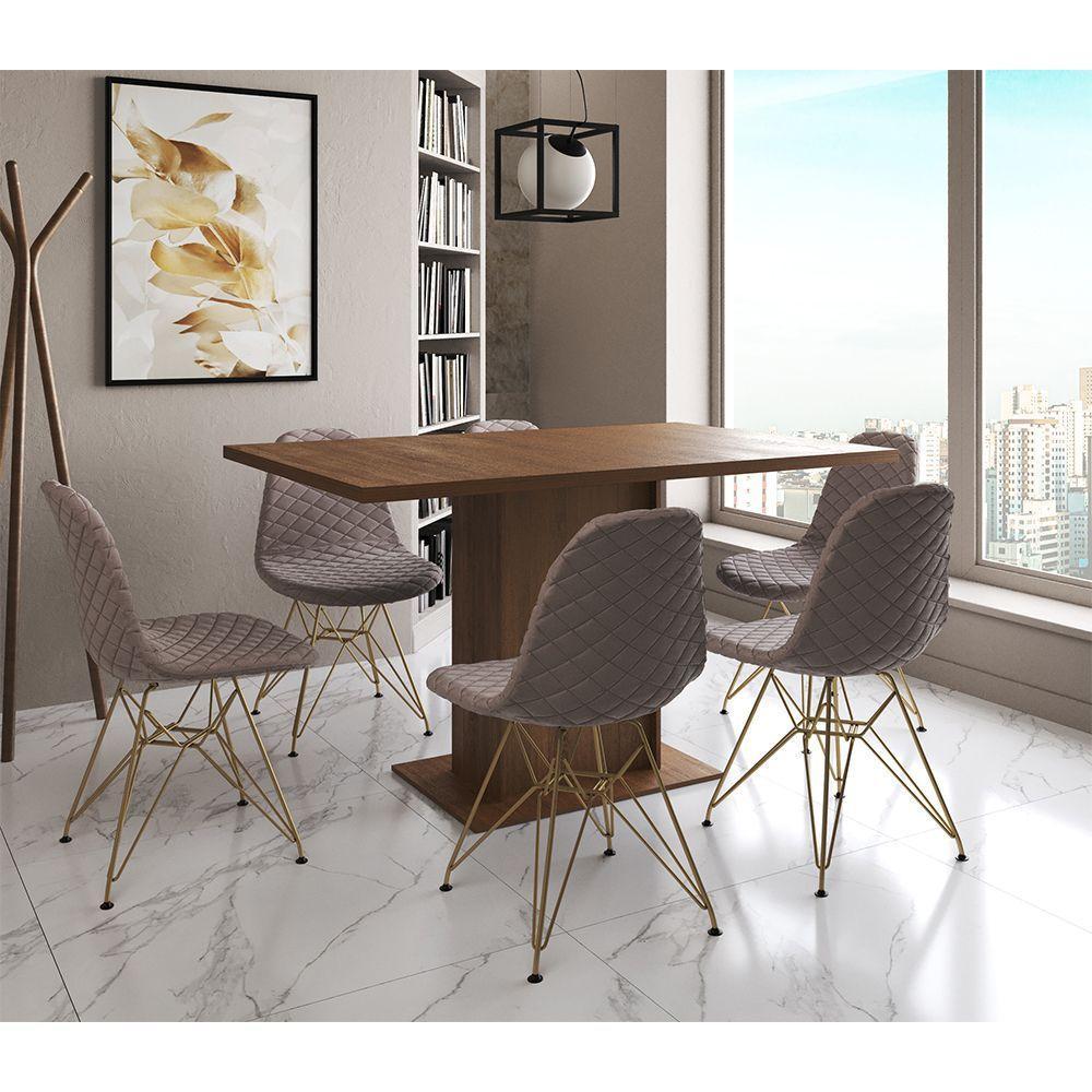 Mesa Jantar Londres Retangular Amêndoa 137X90Cm 6 Cadeiras Estofadas Caramelo Base Dourado - 1
