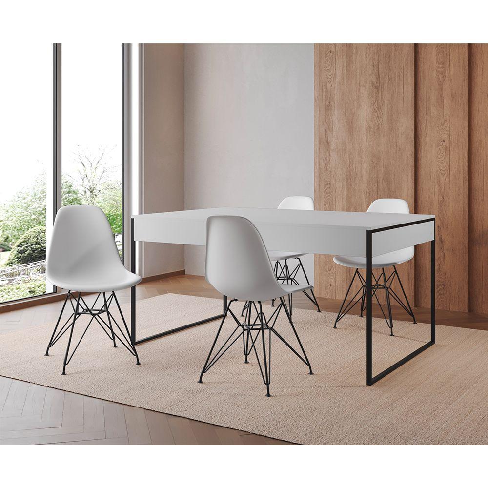 Mesa Jantar Industrial Retangular Filadélfia 137X90Cm Branca Com 4 Cadeiras Brancas Eames Base Ferro - 1
