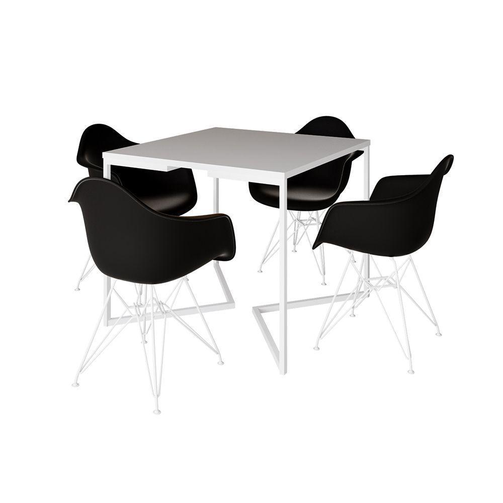 Mesa Jantar Industrial Quadrada Branca 90Cm Base V Com 4 Poltronas Pretas Ferro Branco Marrom - 6