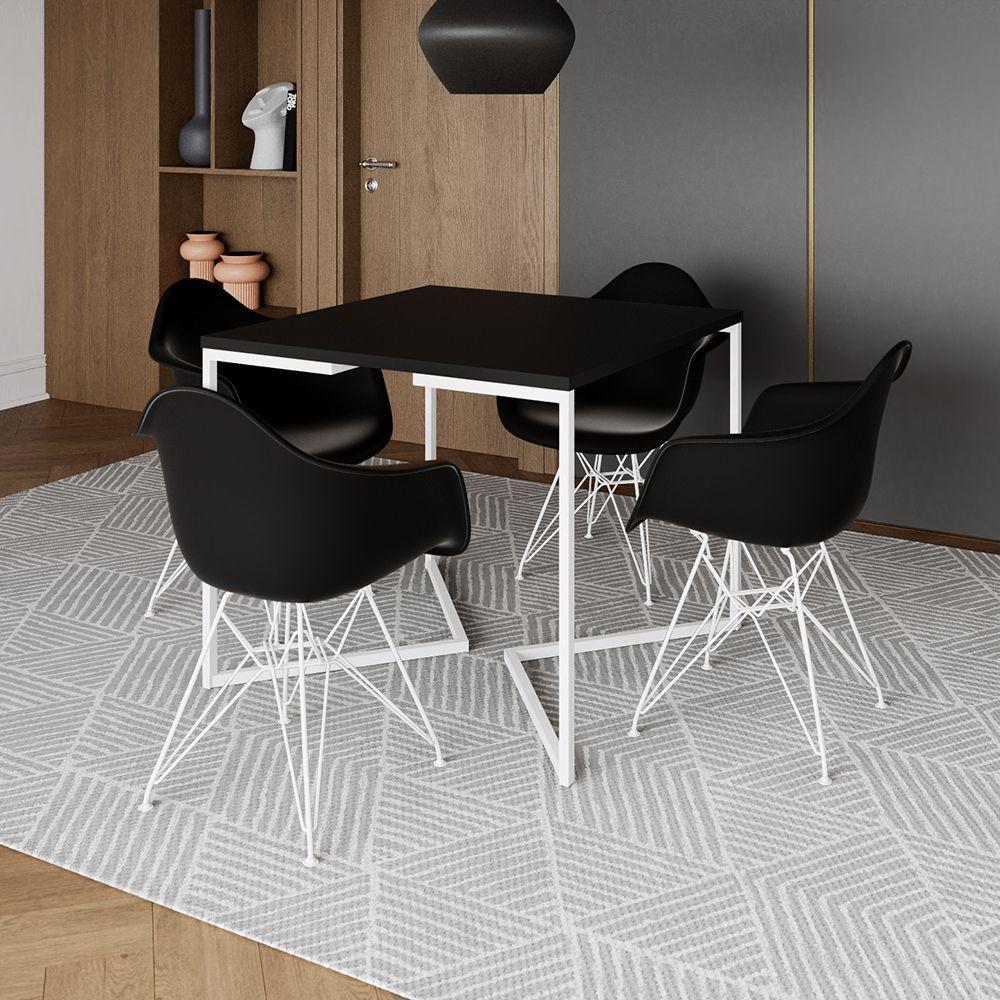Mesa Jantar Industrial Quadrada Preta 90Cm Base V Com 4 Poltronas Pretas Ferro Branco Marrom - 1