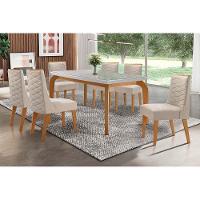 Conjunto: Mesa Sala Jantar Londrina Tampo Madeirado c/ Vidro 180cm + 6 Cadeiras Dafne Imbuia/Veludo Creme - Rufato - 1