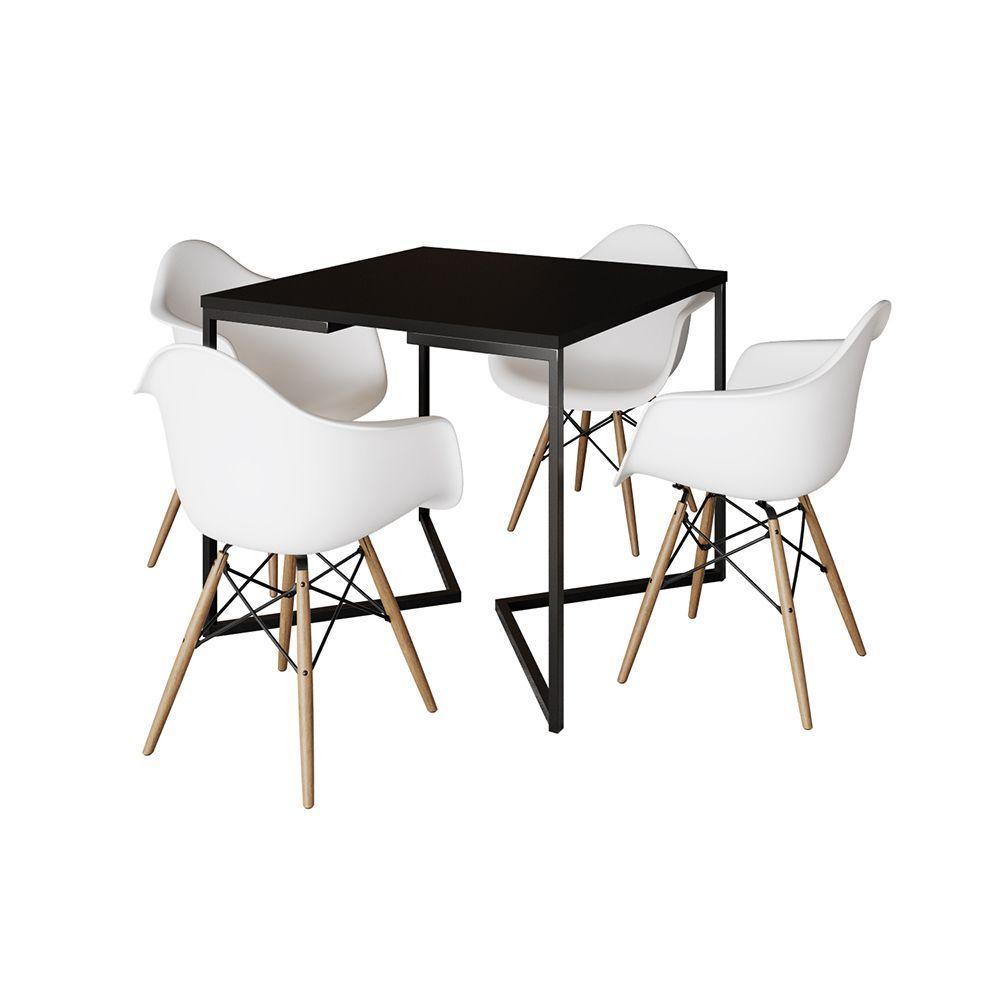 Mesa Jantar Industrial Quadrada Preta 90Cm Base V Ferro Preto Com 4 Poltronas Brancas M Marrom - 6