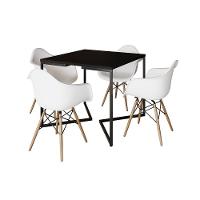 Mesa Jantar Industrial Quadrada Preta 90Cm Base V Ferro Preto Com 4 Poltronas Brancas M Marrom - 6