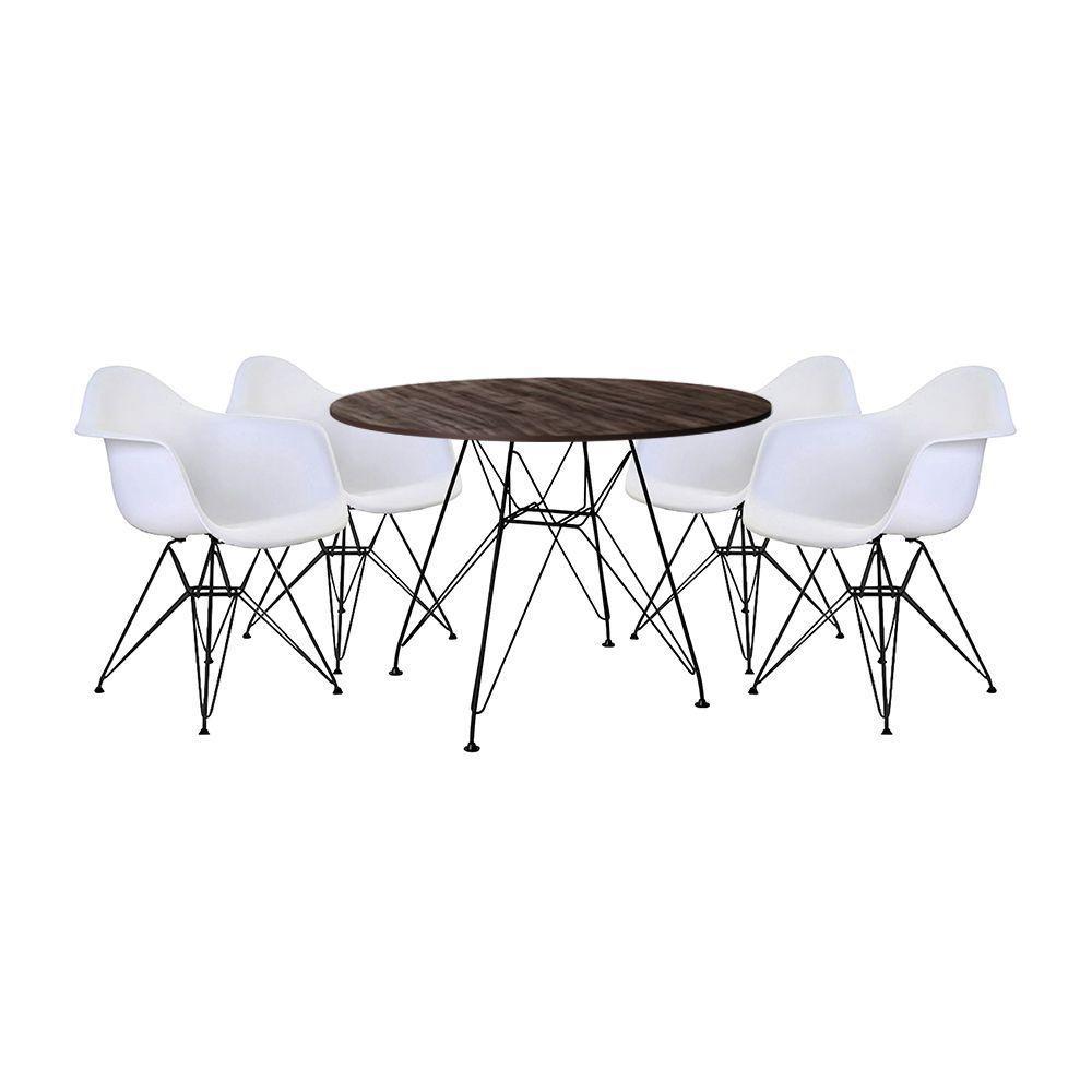 Conjunto Mesa De Jantar Redonda 90Cm Amêndoa Com 4 Poltronas Pretas Ferro Preto Marrom - 1