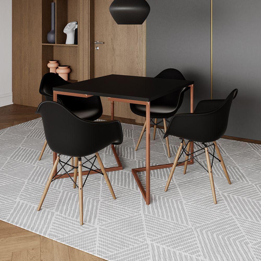 Mesa Industrial Jantar Preta Quadrada 90Cm Base Cobre V Com 4 Poltronas Pretas Madeira Marrom - 1