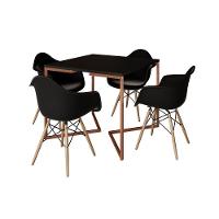 Mesa Industrial Jantar Preta Quadrada 90Cm Base Cobre V Com 4 Poltronas Pretas Madeira Marrom - 11