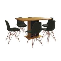 Mesa Jantar Londres Retangular Canela 137X90 Base Preta 6 Cadeiras Estofadas Verde Base Cobre - 6