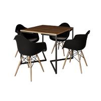 Mesa Jantar Industrial Quadrada Amêndoa 90Cm Base V Ferro Preto Com 4 Poltronas Pretas Marrom - 6