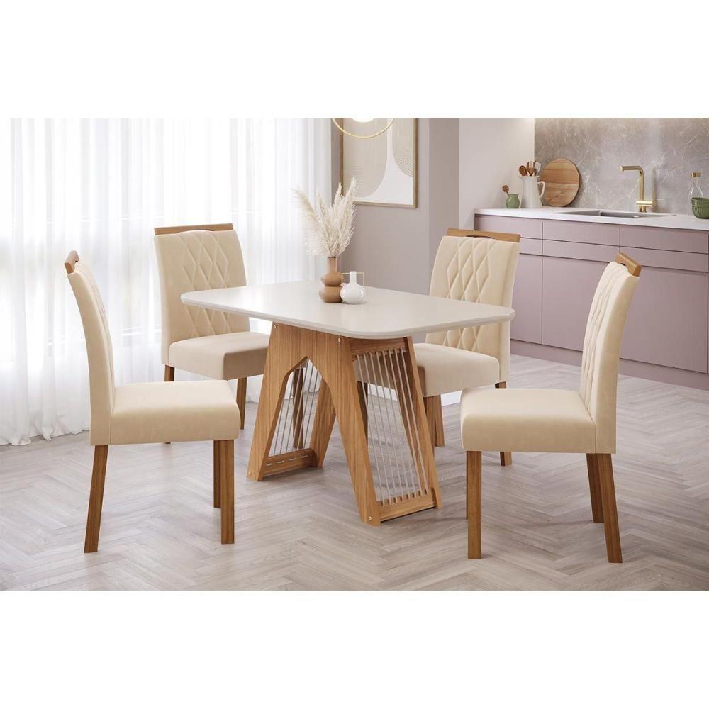 Sala de Jantar Completa Carol C/ Tampo Vidro 130cm + 4 Cadeiras Nature Off White Madeira Nude - 1