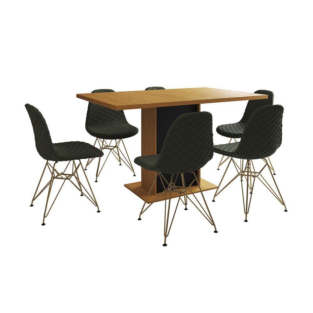 Mesa Jantar Londres Retangular Canela 137X90 Base Preta 6 Cadeiras Estofadas Verde Base Dourado - 6