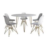 Mesa Jantar Redonda 110Cm Branca Clips 3 Pés Com 5 Cadeiras Eames Eiffel Brancas Base Dourada - 6