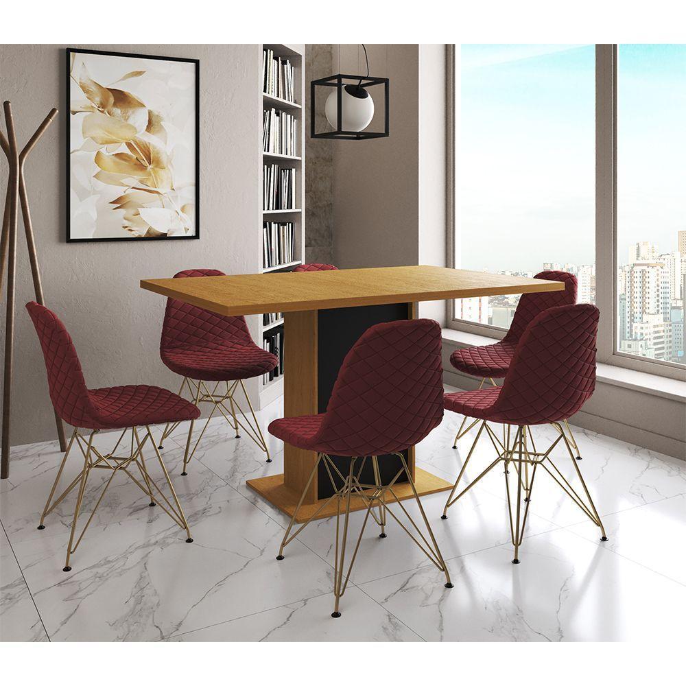 Mesa Jantar Londres Retangular Canela 137X90 Base Preta 6 Cadeiras Estofadas Vermelho Base Dourado - 1