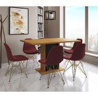 Mesa Jantar Londres Retangular Canela 137X90 Base Preta 6 Cadeiras Estofadas Vermelho Base Dourado - 1