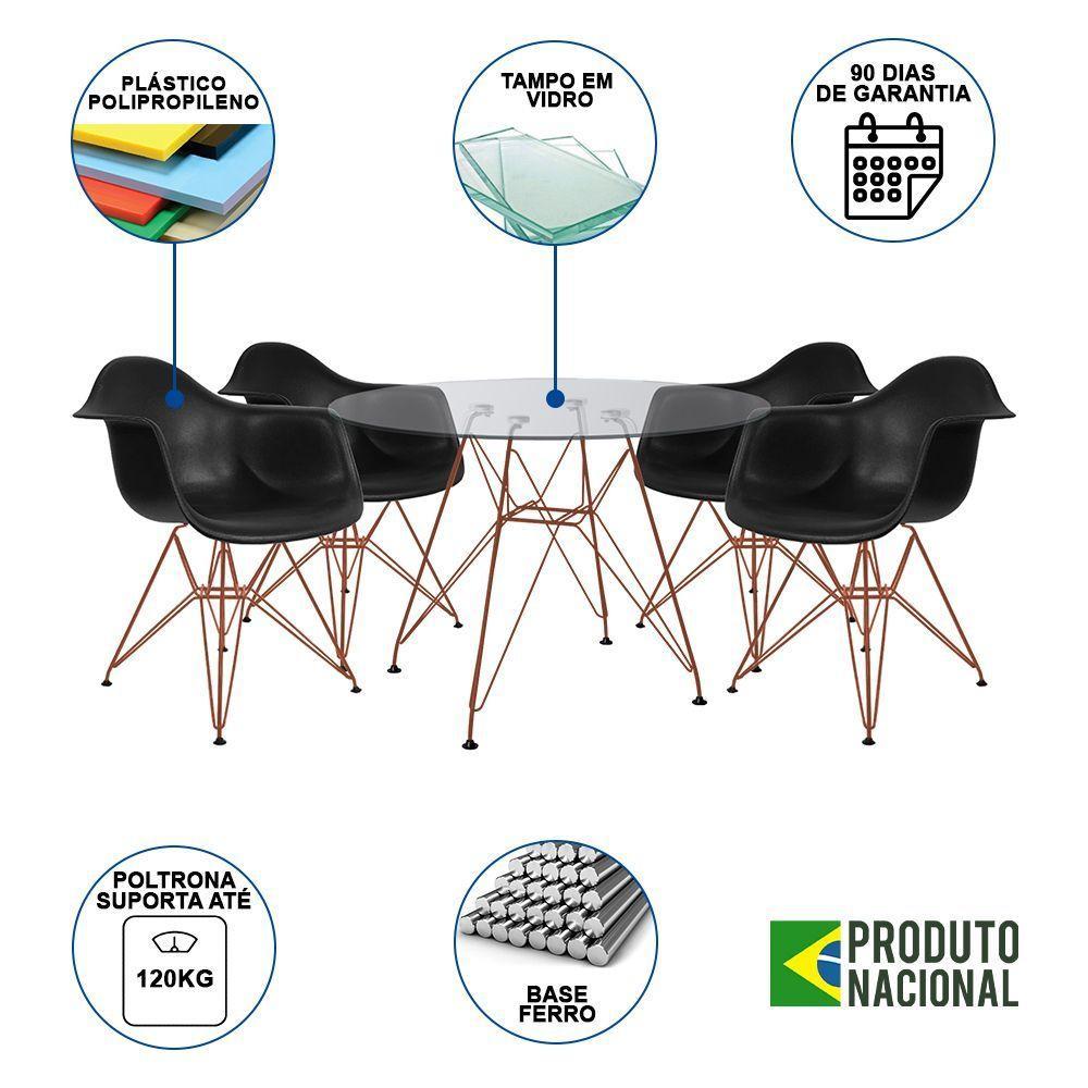 Conjunto Jantar Mesa Vidro Redonda 110Cm Com 4 Poltronas Pretas Ferro Cobre Preto - 6