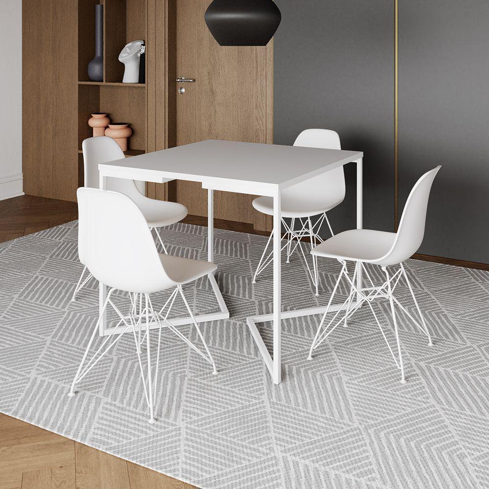 Mesa Industrial Quadrada Jantar Branca 90Cm Base V Com 4 Cadeiras Brancas Eames Eiffel Ferro Branco - 1