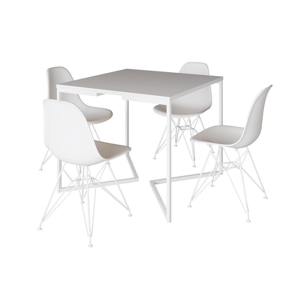 Mesa Industrial Quadrada Jantar Branca 90Cm Base V Com 4 Cadeiras Brancas Eames Eiffel Ferro Branco - 6