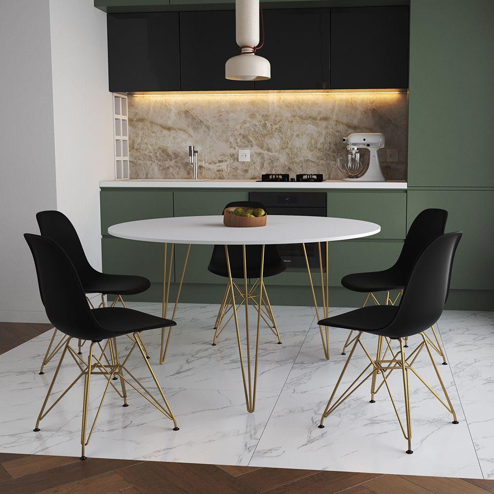 Mesa Jantar Redonda 110Cm Branca Clips 3 Pés Com 5 Cadeiras Eames Eiffel Pretas Base Dourada - 1