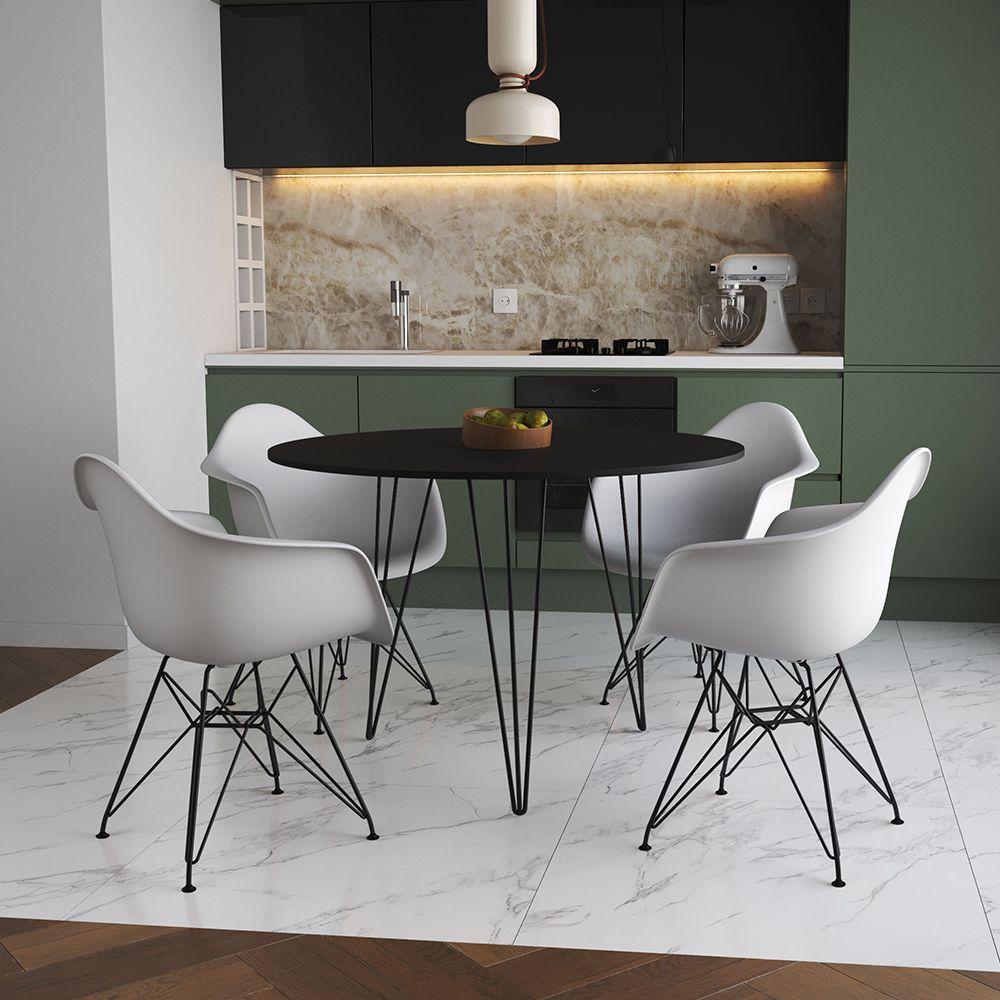 Mesa Jantar Redonda 90Cm Preta Clips 3 Pés Com 4 Poltronas Brancas Ferro Preto Preto - 1