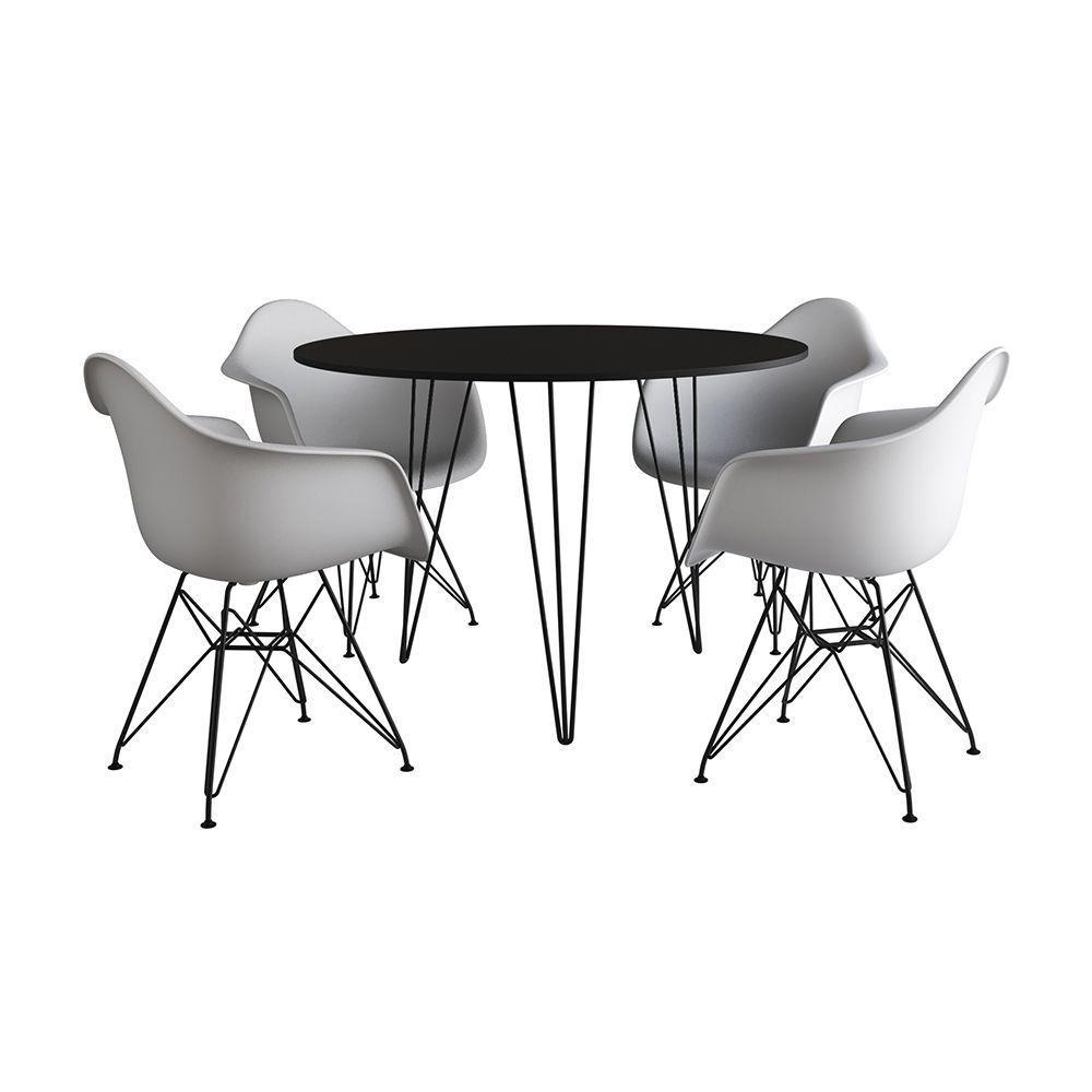 Mesa Jantar Redonda 90Cm Preta Clips 3 Pés Com 4 Poltronas Brancas Ferro Preto Preto - 6