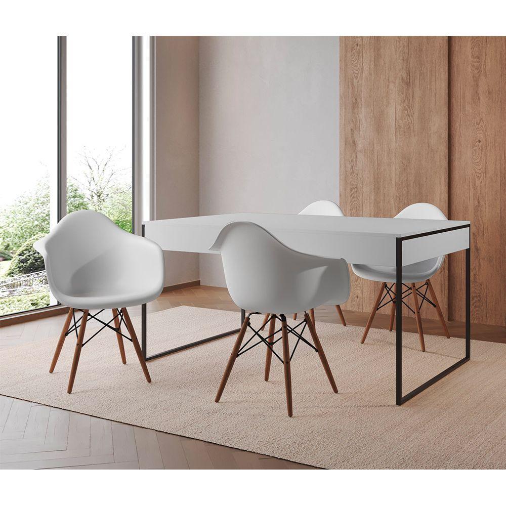 Mesa Jantar Industrial Filadélfia Branca 137X90Cm Base Ferro Preto Com 4 Poltronas Brancas Branco - 1