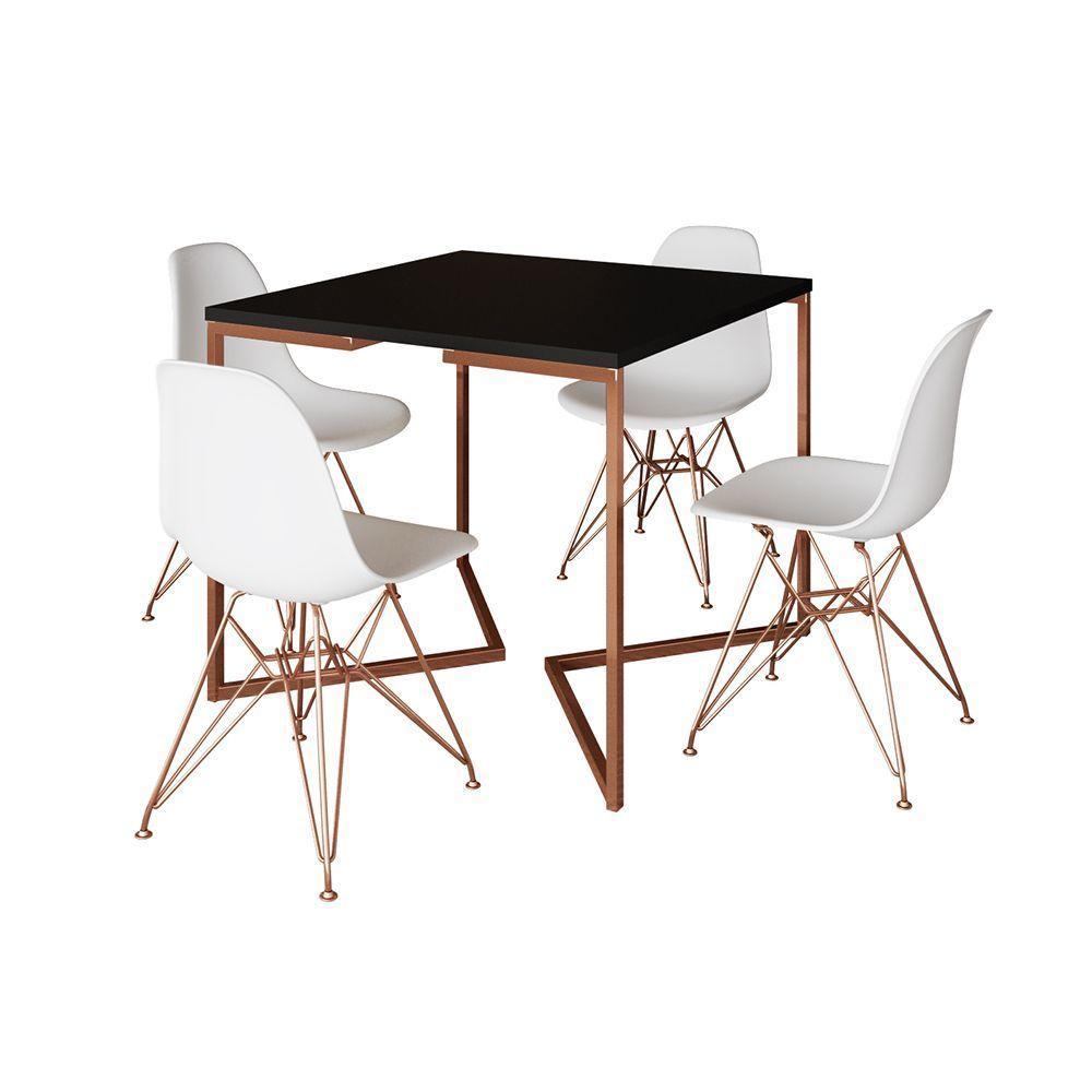 Mesa Jantar Industrial Quadrada 90Cm Preta Base Cobre V Com 4 Cadeiras Brancas Eames Eiffel Pés Cobr - 6
