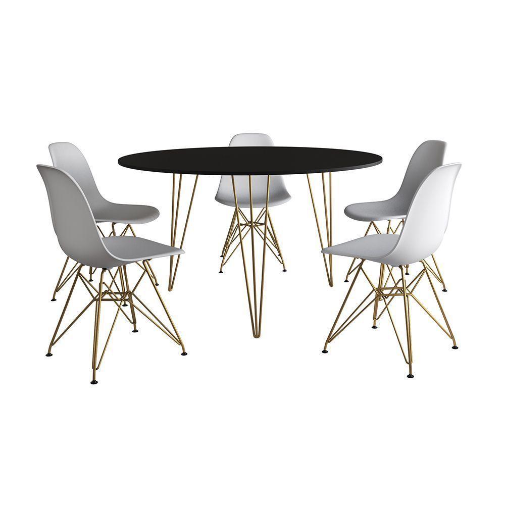 Mesa Jantar Redonda 110Cm Preta Clips 3 Pés Com 5 Cadeiras Eames Eiffel Brancas Base Dourada - 6
