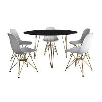 Mesa Jantar Redonda 110Cm Preta Clips 3 Pés Com 5 Cadeiras Eames Eiffel Brancas Base Dourada - 6
