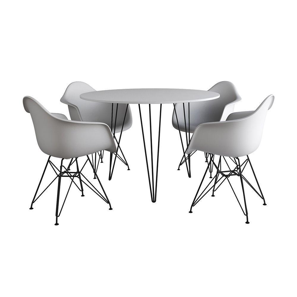 Mesa Jantar Redonda 90Cm Branca Clips 3 Pés Com 4 Poltronas Brancas Ferro Preto Branco - 8