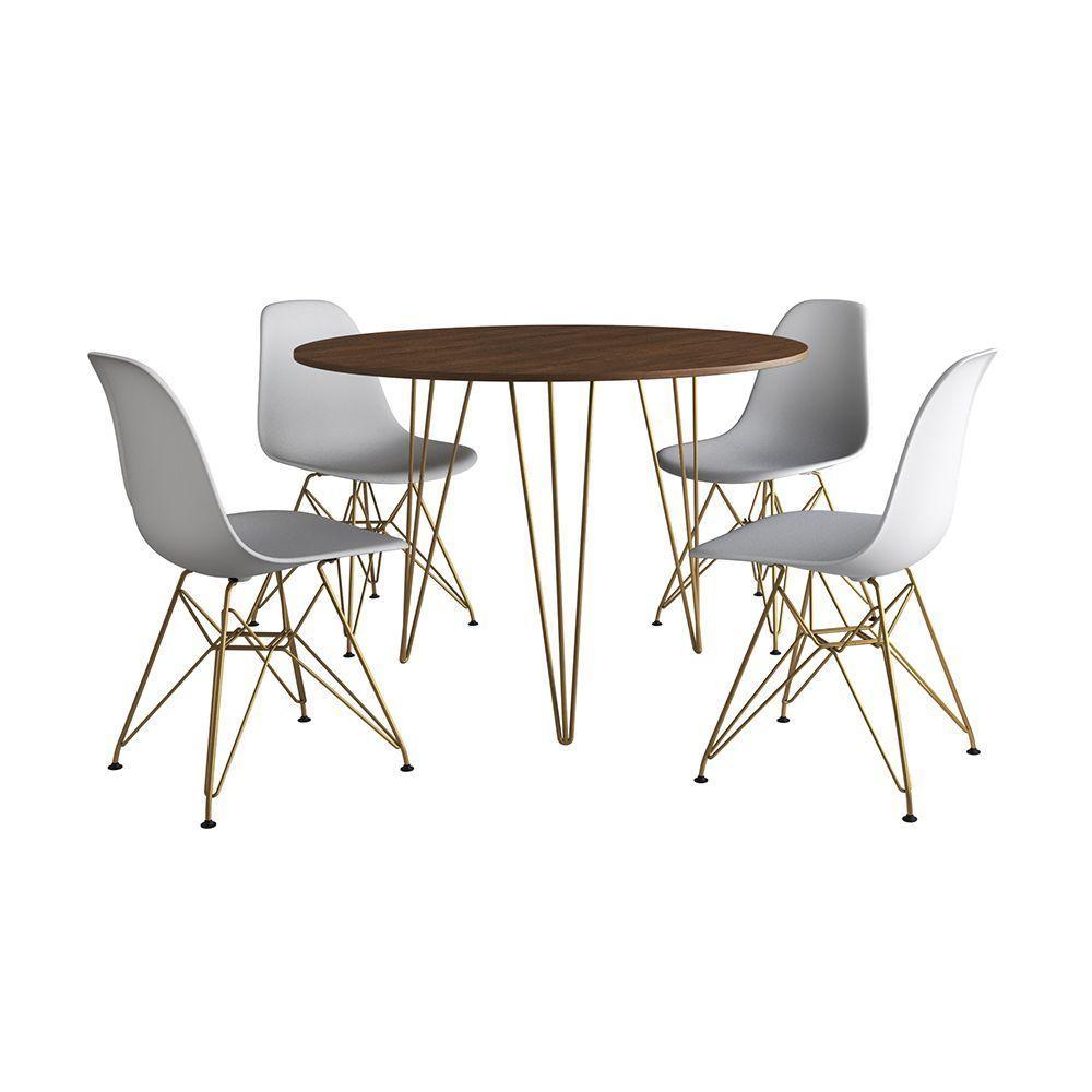 Mesa De Jantar Redonda 90Cm Amêndoa Clips 3 Pés Com 4 Cadeiras Eames Eiffel Brancas Base Dourada - 6