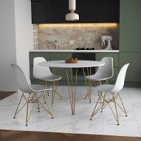 Mesa De Jantar Redonda 90Cm Branca Clips 3 Pés Com 4 Cadeiras Eames Eiffel Brancas Base Dourada - 1