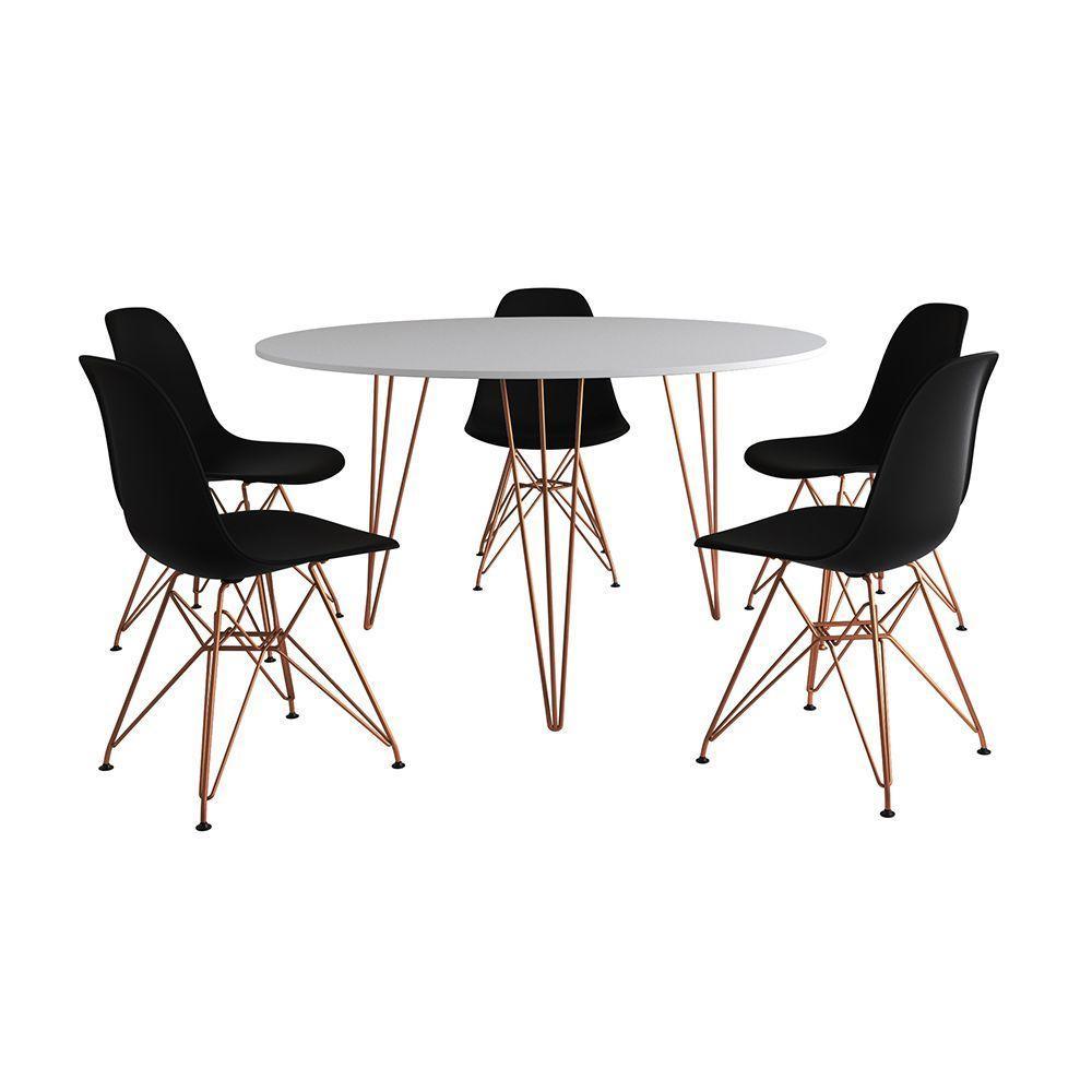 Mesa Jantar Redonda 110Cm Branca Clips 3 Pés Com 5 Cadeiras Eames Eiffel Pretas Base Cobre - 6