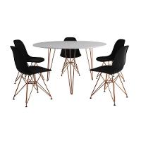 Mesa Jantar Redonda 110Cm Branca Clips 3 Pés Com 5 Cadeiras Eames Eiffel Pretas Base Cobre - 6
