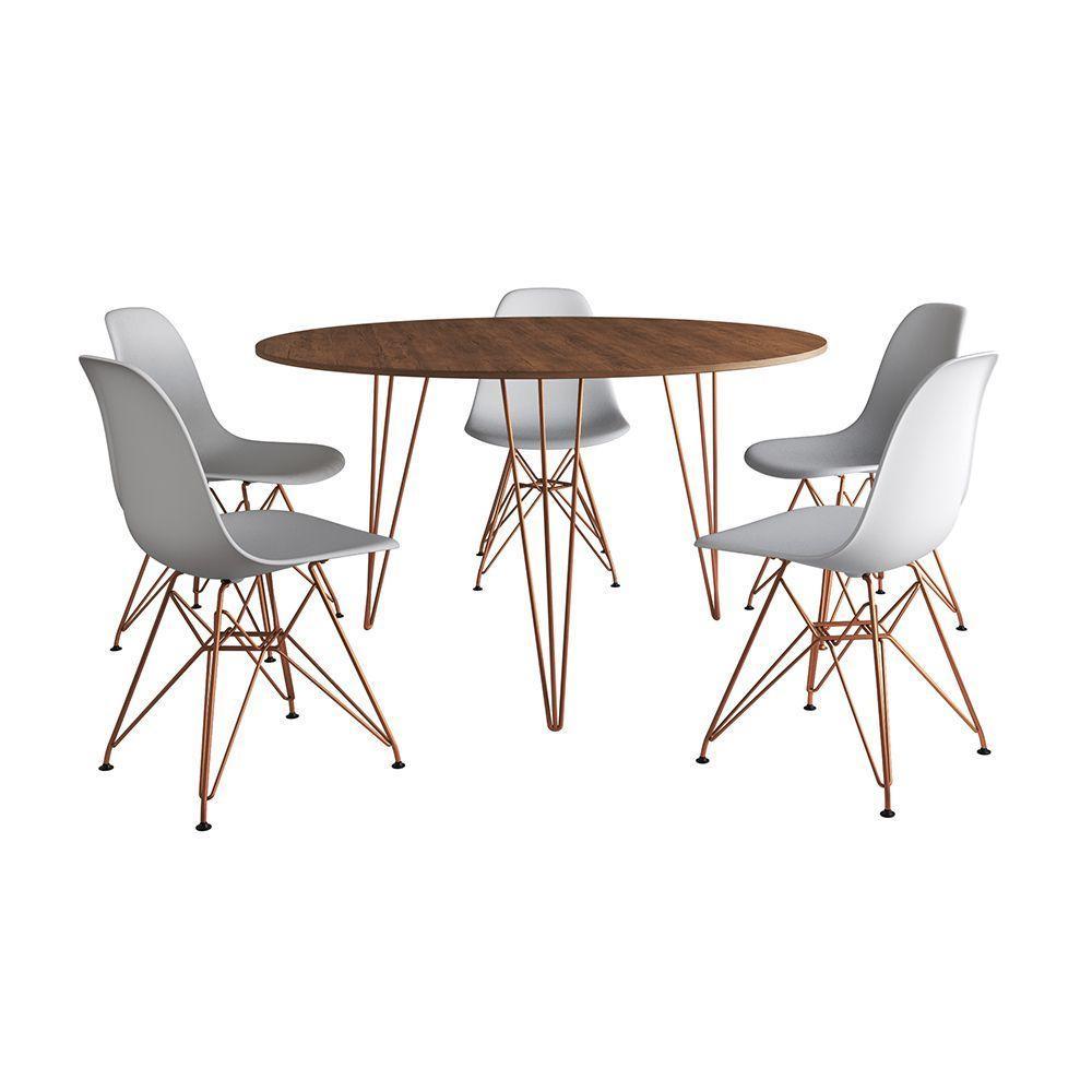Mesa Jantar Redonda 110Cm Amêndoa Clips 3 Pés Com 5 Cadeiras Eames Eiffel Brancas Base Cobre - 7
