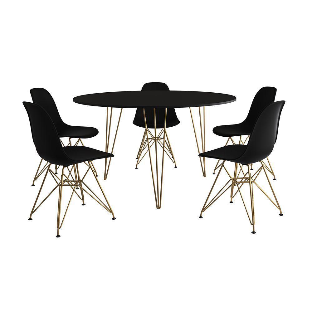 Mesa Jantar Redonda 110Cm Preta Clips 3 Pés Com 5 Cadeiras Eames Eiffel Pretas Base Dourada - 6