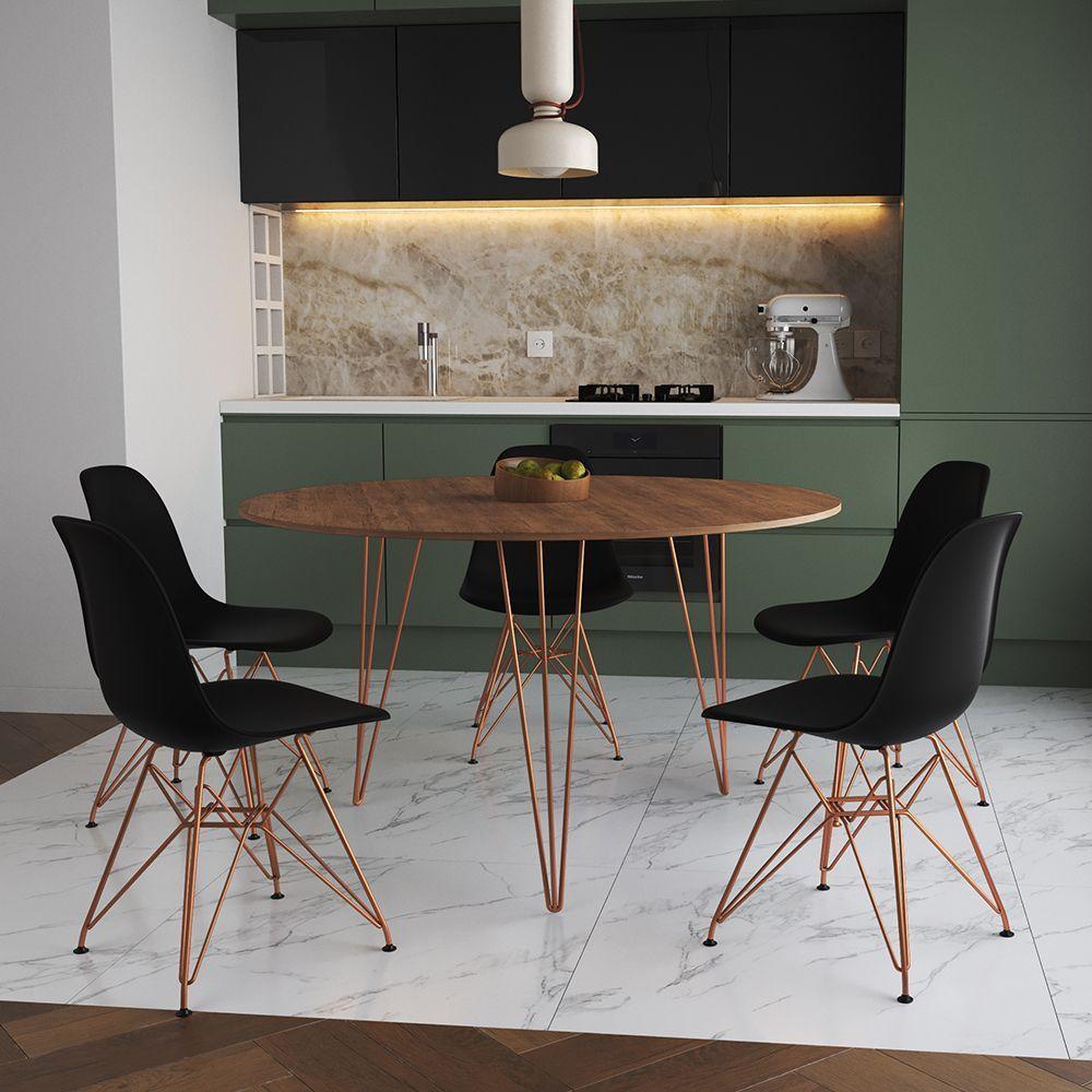 Mesa Jantar Redonda 110Cm Amêndoa Clips 3 Pés Com 5 Cadeiras Eames Eiffel Pretas Base Cobre - 1