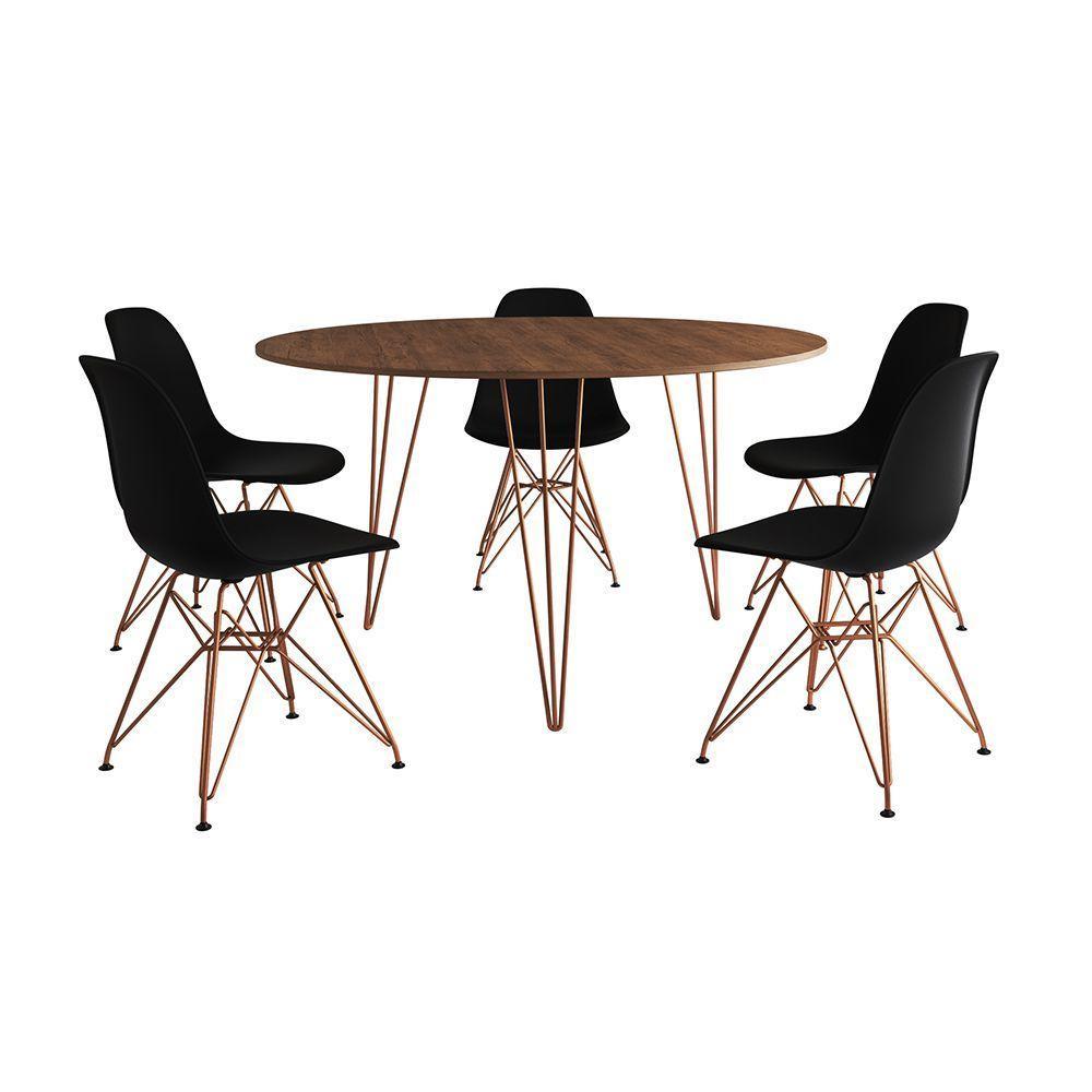 Mesa Jantar Redonda 110Cm Amêndoa Clips 3 Pés Com 5 Cadeiras Eames Eiffel Pretas Base Cobre - 6