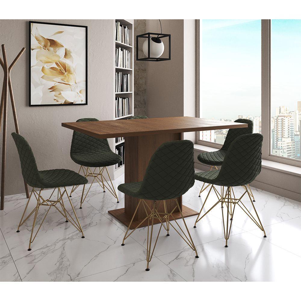 Mesa Jantar Londres Retangular Amêndoa 137X90Cm 6 Cadeiras Estofadas Verde Base Dourado - 1