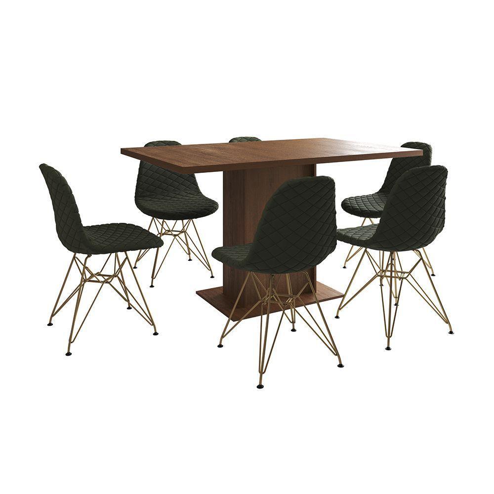 Mesa Jantar Londres Retangular Amêndoa 137X90Cm 6 Cadeiras Estofadas Verde Base Dourado - 6