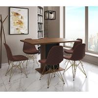 Mesa Jantar Londres Retangular Amêndoa 137X90 Base Preta 6 Cadeiras Estofadas Caramelo Base Dourado - 1