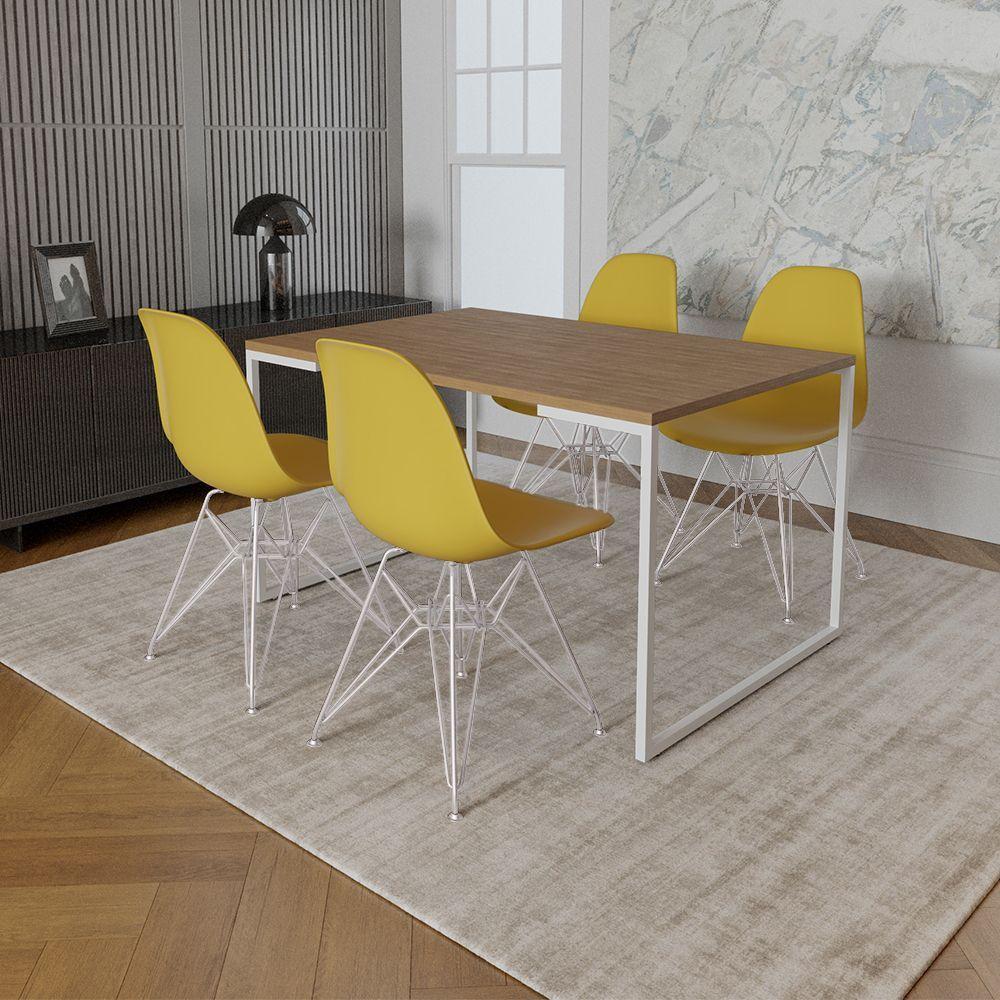 Mesa Industrial Base Ferro Branco 137X90 Tampo Amêndoa 4 Cadeiras Eiffel Ferro Branco Assento Amarel - 1
