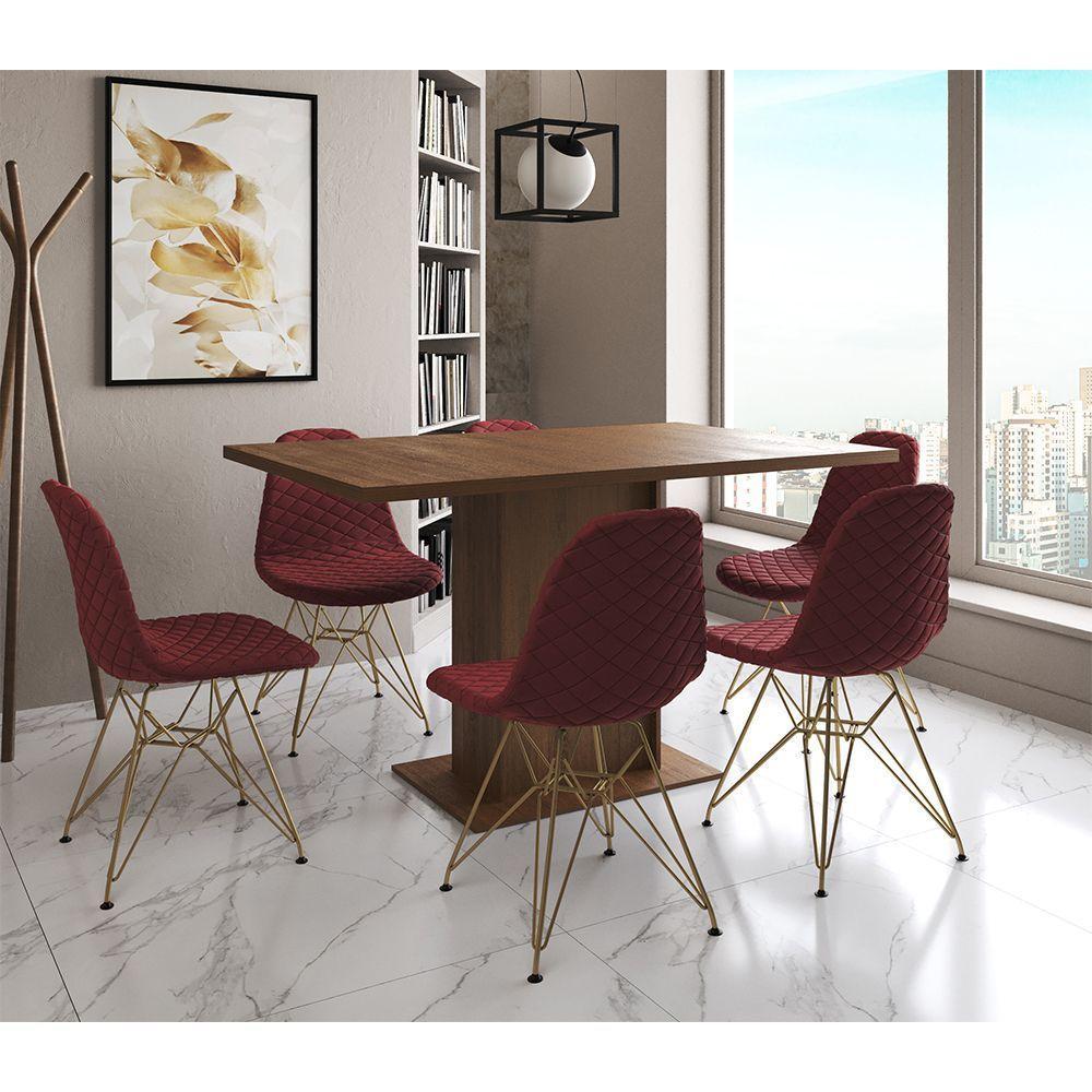 Mesa Jantar Londres Retangular Amêndoa 137X90Cm 6 Cadeiras Estofadas Vermelho Base Dourado - 1