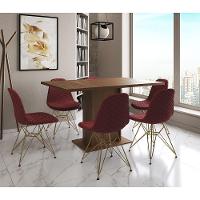 Mesa Jantar Londres Retangular Amêndoa 137X90Cm 6 Cadeiras Estofadas Vermelho Base Dourado - 1