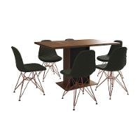 Mesa Jantar Londres Retangular Amêndoa 137X90 Base Preta 6 Cadeiras Estofadas Verde Base Cobre - 6