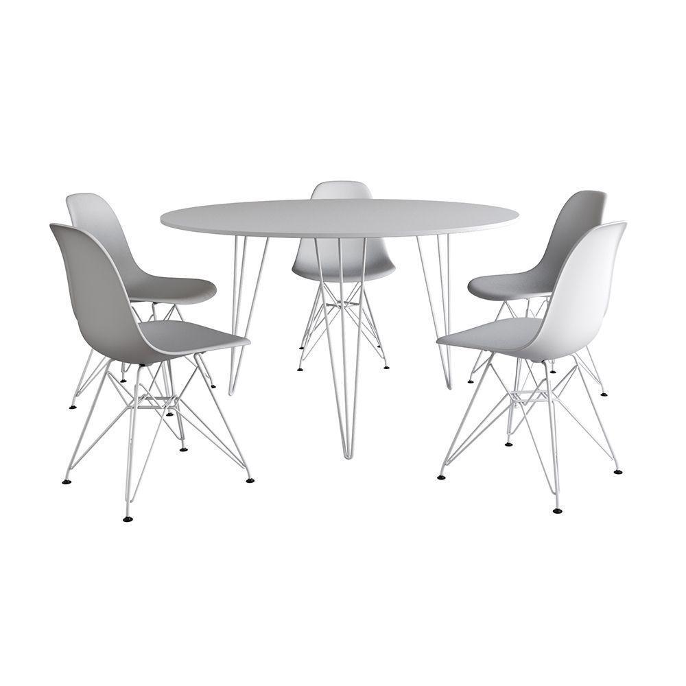 Mesa Jantar Redonda 110Cm Branca Clips 3 Pés Com 5 Cadeiras Eames Eiffel Brancas Ferro Branco - 6
