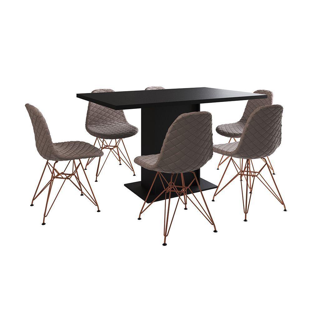 Mesa Jantar Londres Retangular Preta 137X90Cm 6 Cadeiras Estofadas Nude Médio Base Cobre - 6
