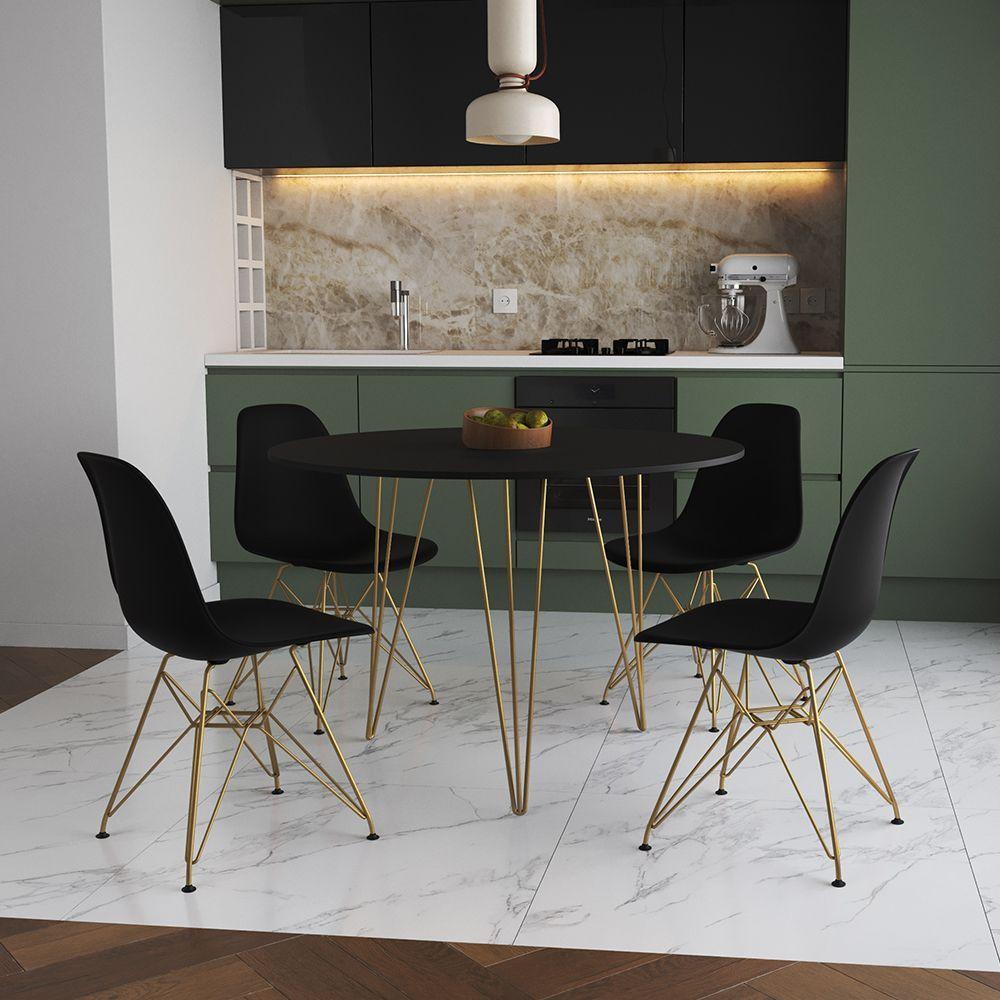 Mesa De Jantar Redonda 90Cm Preta Clips 3 Pés Com 4 Cadeiras Eames Eiffel Pretas Base Dourada - 1