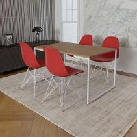 Mesa Industrial Base Ferro Branco 137X90 Tampo Amêndoa 4 Cadeiras Eiffel Ferro Branco Assento Vermel - 1