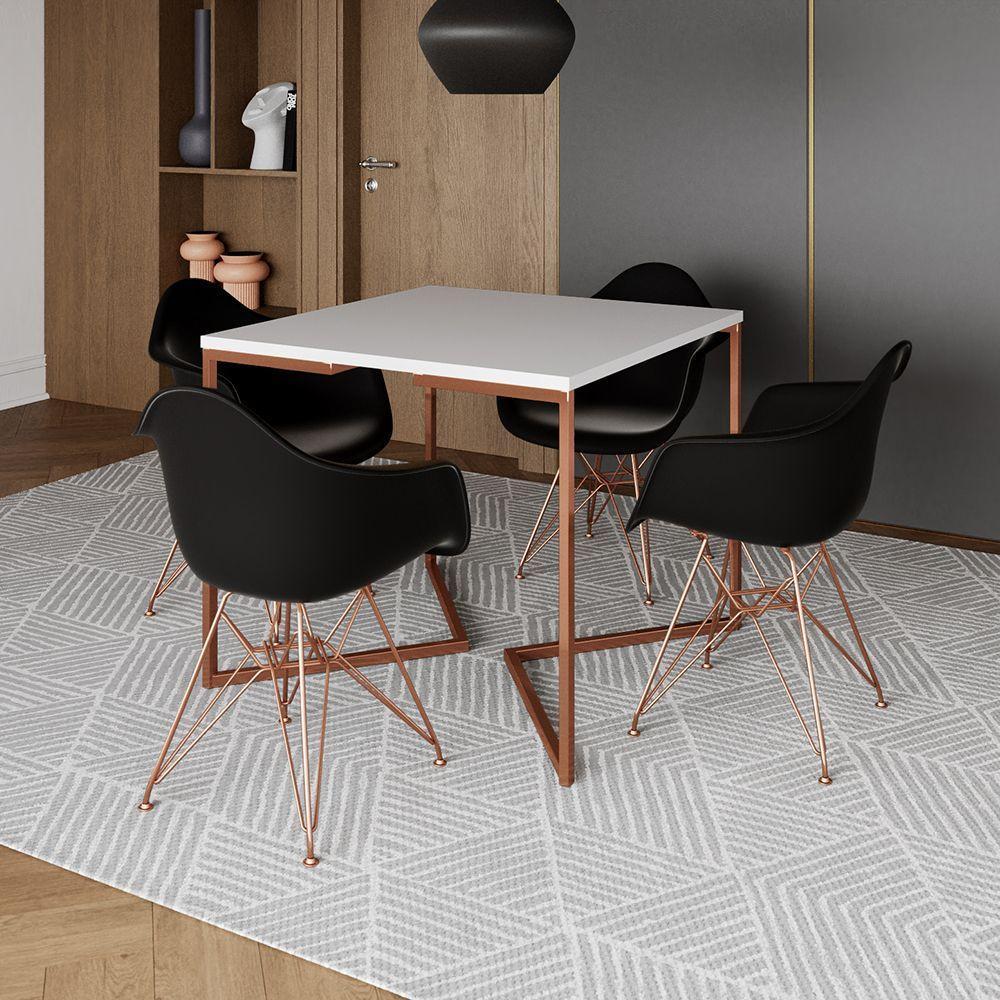 Mesa Jantar Industrial Branca 90Cm Quadrada Base Cobre V Com 4 Poltronas Pretas Pés Cob Marrom - 1