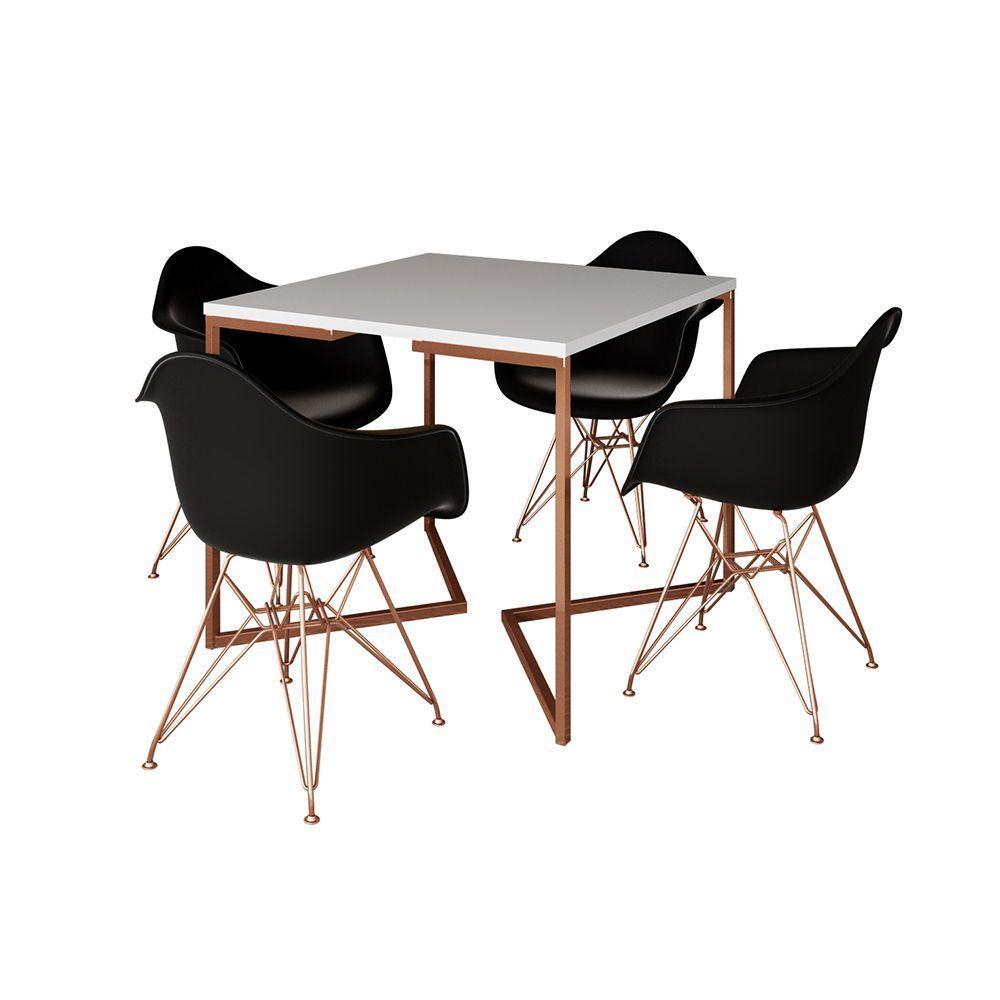 Mesa Jantar Industrial Branca 90Cm Quadrada Base Cobre V Com 4 Poltronas Pretas Pés Cob Marrom - 6